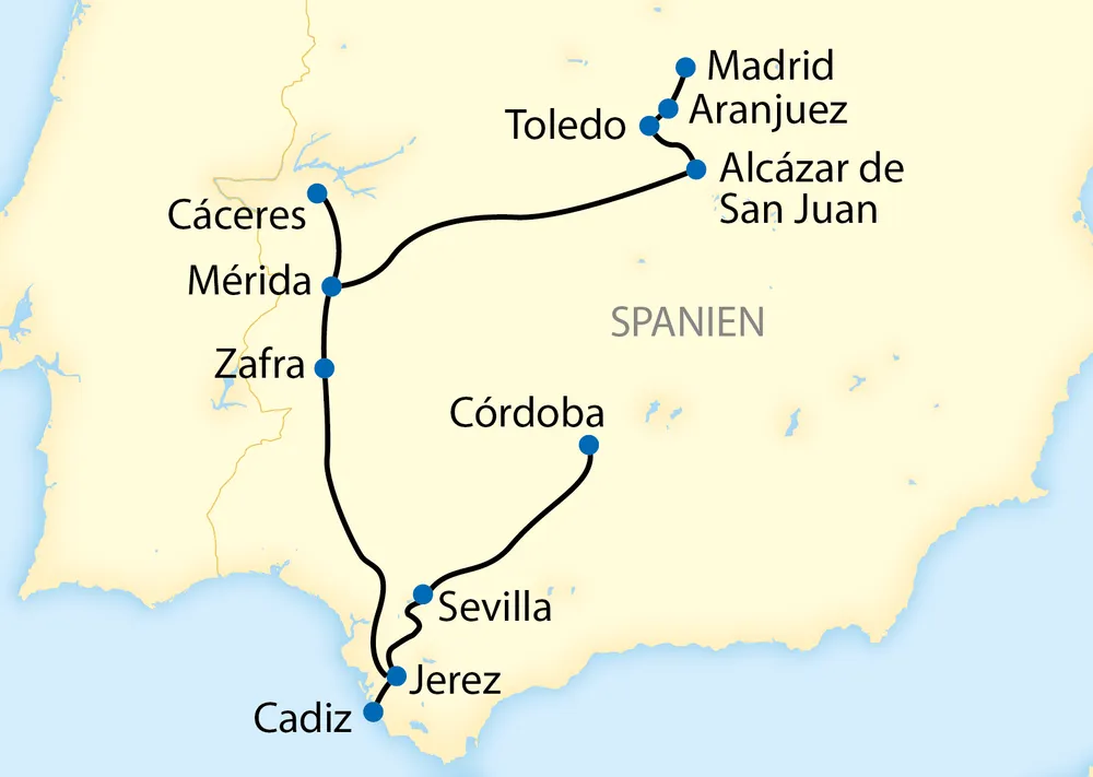 Karte der Al-Ándalus-Route von Sevilla über Córdoba, Jerez, Cádiz, Zafra, Mérida, Cáceres, Alcázar de San Juan, Toledo und Aranjuez nach Madrid