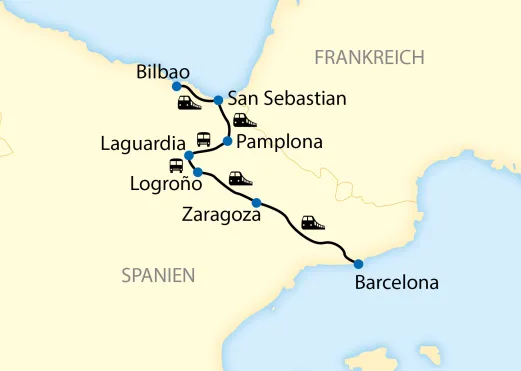Karte der Reise von Barcelona über Zaragoza, Logroño, Laguardia und Pamplona nach San Sebastián und Bilbao