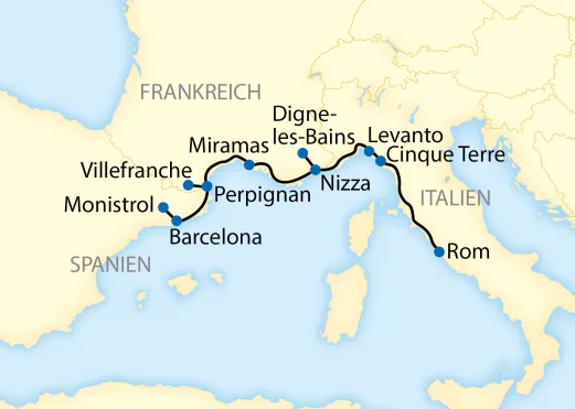 Karte der Reise von Barcelona über Perpignan, Marseille und Nizza nach Rom